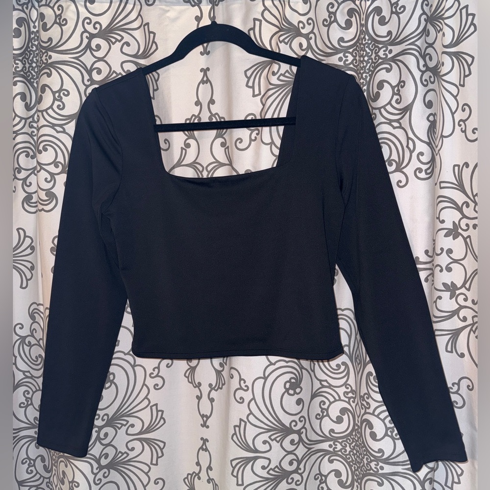 Express Black Square Neck Body Contour Long Sleeve Seamless Crop Top